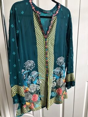 Johnny Was Teal Embroidered Floral Button Down Tunic